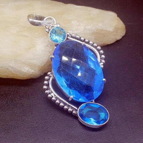 Gemstonefactory Jewelry Big Promotion 925 Silver Amazing Ocean Blue Topaz Prom Women Ladies Gifts Necklace Pendant 0542