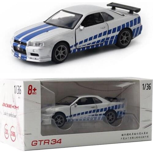 JACKIEKIM Toy Diecast Model 1:36 Scale Japan Nissan GTR 34 Skyline Pull Back Car Doors Openable Educational Collection Gift Box