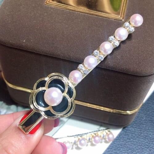 LosoDo Japanese Korean womens pearl rhinestone camellia fashion duckbill clip hairpin word clip simple bangs hair clip jewelry
