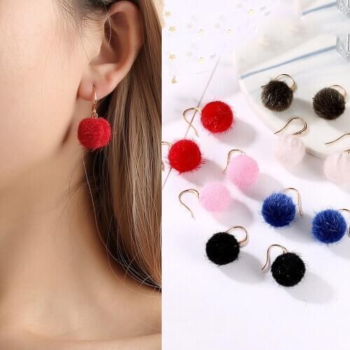Cute Fur Ball PomPom Drop Earrings For Women New Year Winter Fashion Party Earrings Female Jewelry Simple Candy Color Earrings