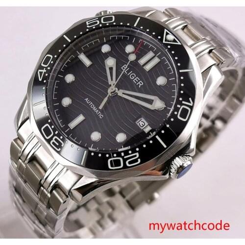 41mm bliger black sterile dial luminous ceramic bezel sapphire glass date NH35 miyota automatic mens watch 294