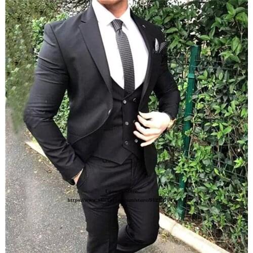 Mens Slim Fit Suits Classic Black 3 Piece Sets Wedding Groom Tuxedo Male Business Blazers Terno Masculino (Jacket+Vest+Pants)