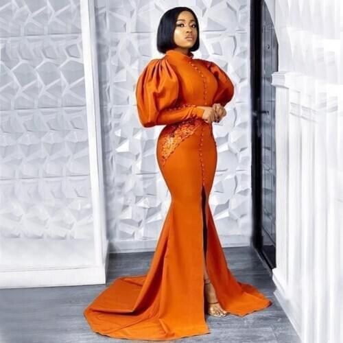 Nigeria African 2021 Mermaid Evening Dresses Long Sleeve High Neck Backless Arabic Dubai Women Prom Dress vestidos de fiesta