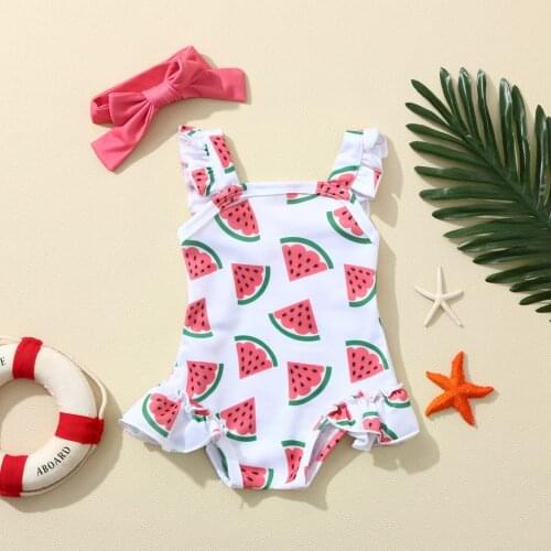 Summer 2021 New Girls Swimwear Baby Kids Girls Backless Watermelon Print Swimsuit+Headband Set Girls Beach Bikini Bañador niña