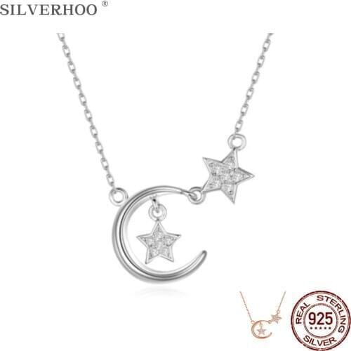 SILVERHOO Genuine 925 Sterling Silver Necklace For Women Shining Star & Moon Pendant Necklaces Silver 925 Jewelry Accessories