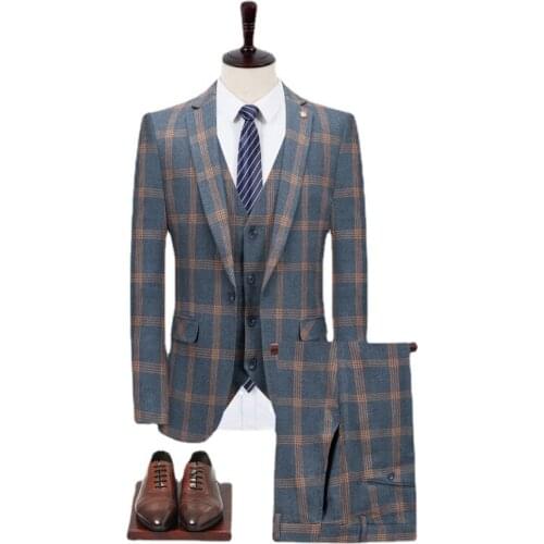 Jacket+vest+pants) New Mens Slim Suit High-End Business Plaid Suits Mens Blazers Wedding Banquet Dress Three-Piece S-5XL