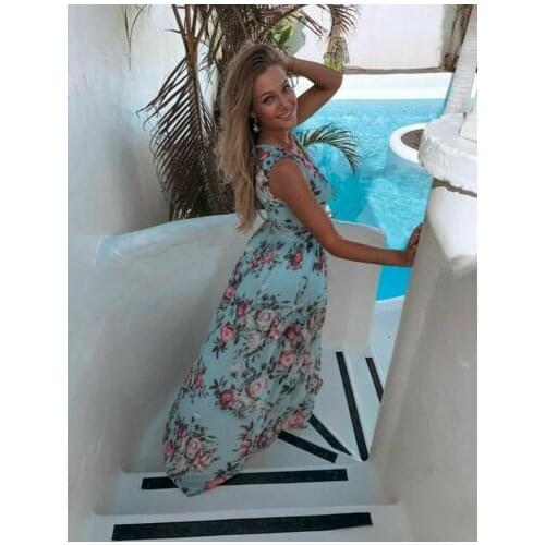 Women Casual Dress Blue Floral Printed Long Dress Deep V-neck Summer Beach Evening Party Sundress Sleeveless Dresses Beach Wear