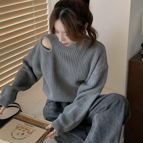 Spring Autumn Korean Version 2021 New Hollow Strapless Loose Pullovers Short Lazy Knit Long Sleeve Top Round Neck Sweater Mujer