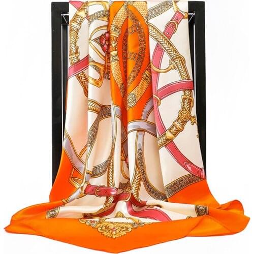 Luxury Silk Scarves for Women Chain Letter Print Foulard Satin Square Head Hijab Scarfs For Ladies Brand Shawls 90*90 Bandana Fe