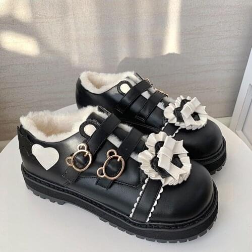Christmas Velvet Winter Warm Japanese Jk Uniform Loli Platform Feminine Lolita Womens Shoes School Bear Buckle Cosplay Anime