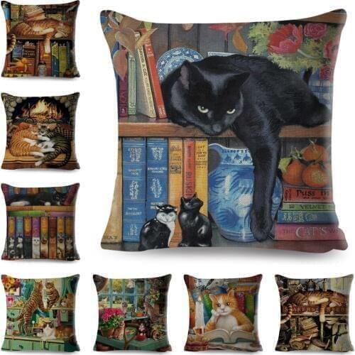 Cute Book Cat Party Cushion Cover Pillowcase Home Decor Cartoon Animal for Sofa Car Linen Printing Cojines Pillow Case 45x45cm