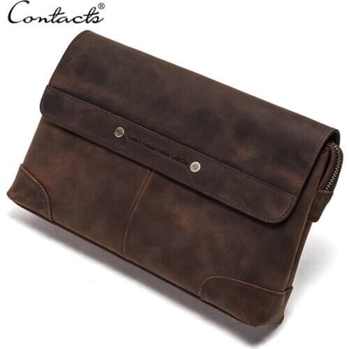 CONTACTS Travel Men Clutch Bags Crazy Horse Leather Long Wallet Men Large Capacity Handy Bag Phone Pocket Male Purse Carteiras