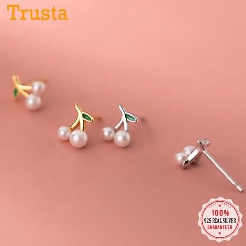 Trustdavis Real 925 Sterling Silver Fruit Cherry Synthetic Pearl Charm Stud Earrings For Women Wedding Party Fine Jewelry DB240
