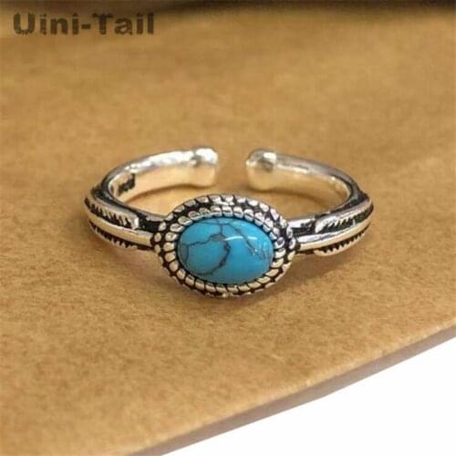 Uini Tail new design hot sale 925 sterling silver art oval open ring blue turquoise retro fashion trend high quality jewelry