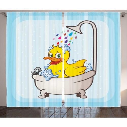 Duck Curtains Happy Yellow Bird in Bath Tub Showering Satin Fabric Drapes for Living Room Bedroom 2 Panel Window Set