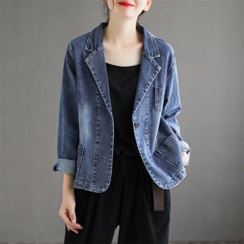QPFJQD Ladies Denim Short Coat Retro Long Sleeve Pocket Button Clothes Spring Autumn Female Loose Blue Jackets Tailored Collar
