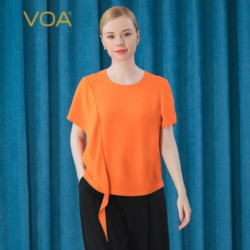 VOA Silk 30m/m Heavy Orange Round Neck Asymmetric Ruffled Stitching Creative Short Sleeve Straight T-shirt Women tshirt BE386