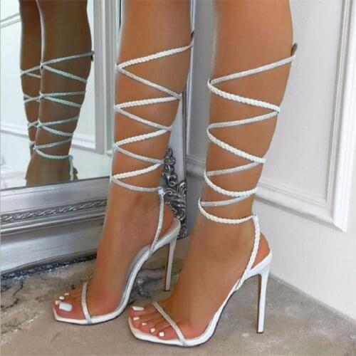 Womens Sandals 2021 Summer New 43 Large Size High-heeled Rhinestone Winding Straps Womens Stiletto Sandals Fashion Lady Shoes