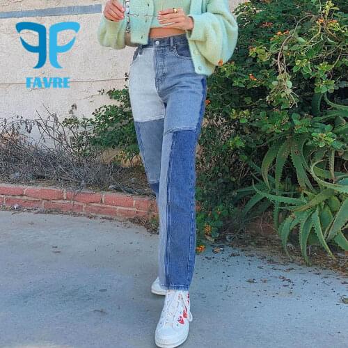 FAVRE Women Jeans Spring Asymmetrical Stitching Contrast Trousers High Waist Washed Baggy Jeans Womens Straight Pants
