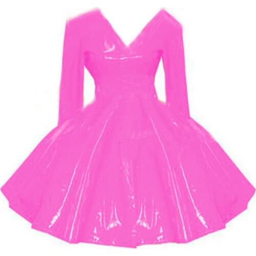 Plus Size Lady Cute Gothic Lolita A Lline Dress Long Sleeve V Neck PVC Party Dress Latex Look Princess Dress Halloween Costume