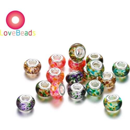 10Pcs Handmade Resin Flower Murano Rondelle Bead Large Hole Spacer Beads Silver Plated Core Fit Pandora Charms Bracelet Jewelry