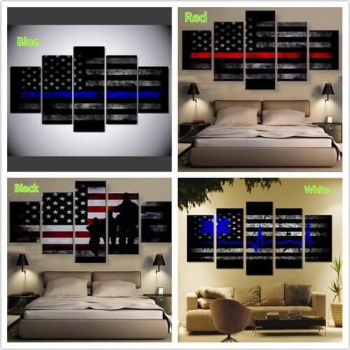 Unframed 5 Pcs USA Thin Blue Line Flag Pentagram Modern Living Room Decorative Oil Painting Canvas Print Wall Art Picture Poster