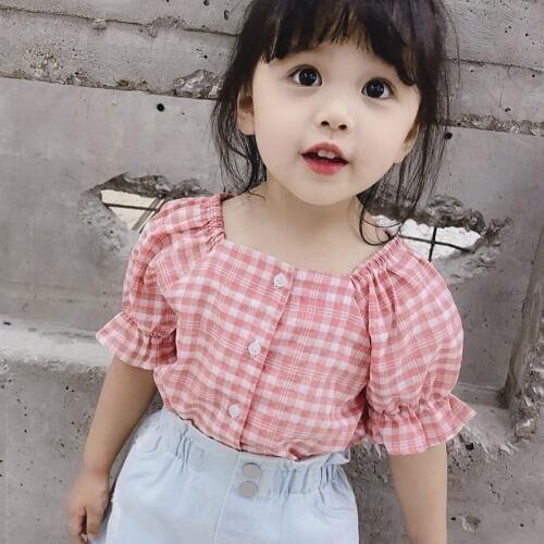 2019 Summer Baby Girls Puff Sleeve Blouse Children Plaid Square Collar Shirt Top Kids Girls Fashion Shirt Girls Clothes 1-7 Year