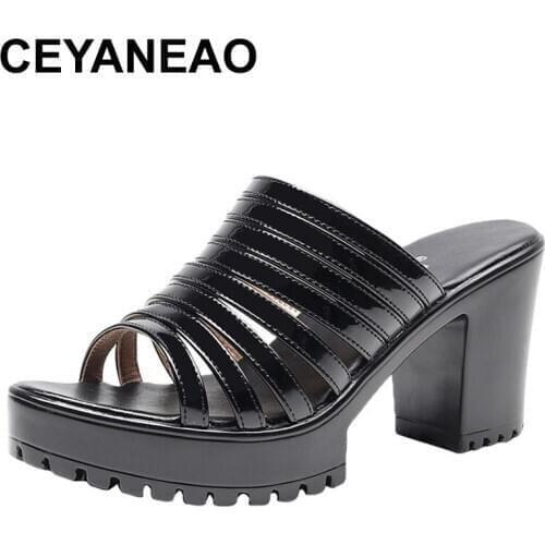 CEYANEAO Patent Leather Shoes New 2019 Womens Slippers High Heels Platform Slippers Ladies Shoes Work Peep Toe Black Block Heel