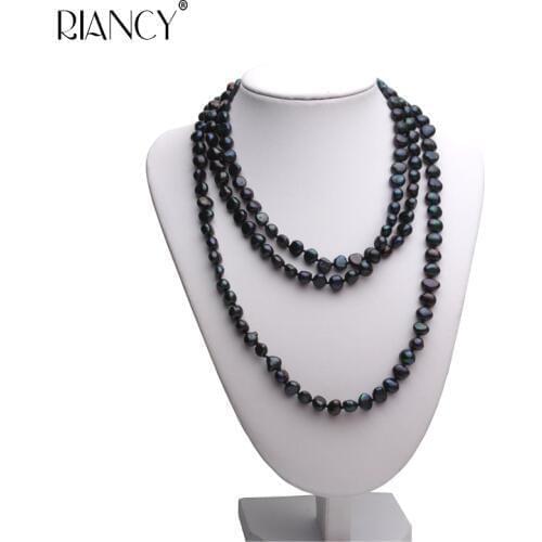 Fashion New natural freshwater black 8-9mm Baroque pearl long necklace Multi-layer genuine white pearl necklace for women