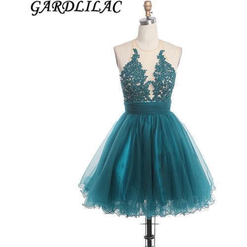 Gardlilac 2019 New Short Cocktail Homecoming Dresses Ball Gown A-Line Mini Prom Dress Wedding Dress With Lace Appliques Beading
