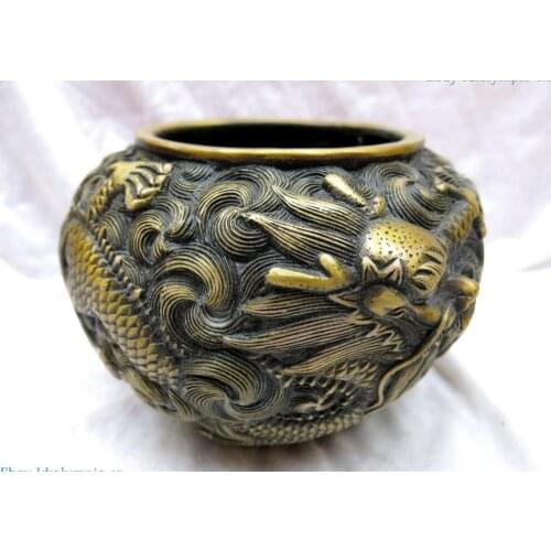 Fine Brass sculpture China copper Carved dragon beautiful Tea Caddie Statue