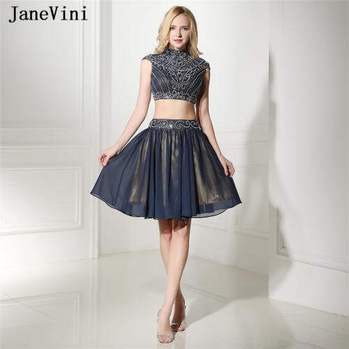 JaneVini Luxury Chiffon Short Two Pieces Homecoming Dresses High Neck Sparkle Beading Sheer Back A Line Girls Graduation Dresses