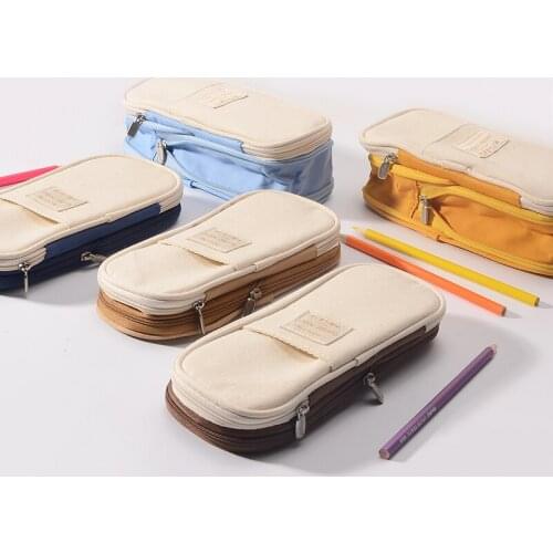 High Quality Pencil Case Macaron Color Canvas Stretch Double Layer Large Capacity Pencil Box Kawaii Storage School Stationery