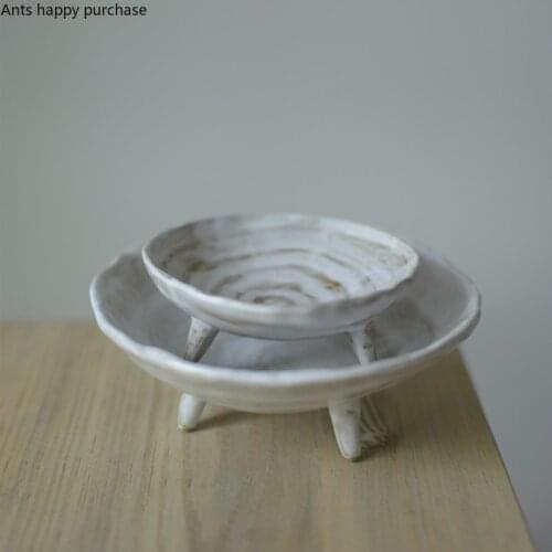 Round Ceramics Tall Feet Fruit Dish Snacks Dessert Plate Seasoning Dish Refreshment Tray Three-legged Dinner Plate Tableware