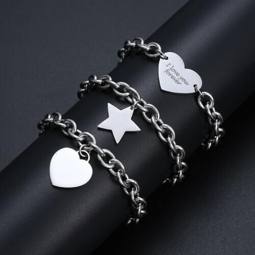 Hot Sale Stainless Steel Heart Star Pendant Charm Bracelet For Women Fashion Wedding Gift Party Jewelry Link Bracelet 19.5CM