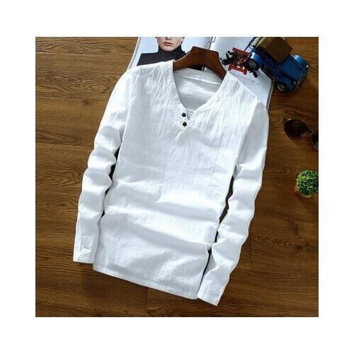 Men Chinese Linen Retro Ethnic Long Sleeve Top T-shirt V Neck Slim Fit Male Tops Casual