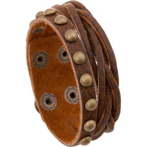 Handmade Sport Casual Retro Brown Multilayer Wrap Snap Buckle Rivet Charm Male Genuine Leather Punk Bracelets Men Bangle Jewelry
