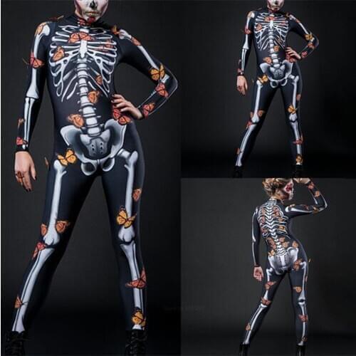 New 2020 Halloween Scary Costumes for Women Cosplay 3D Print Skeleton Ghost Jumpsuit Dance Party Performance Bodysuit Clothing
