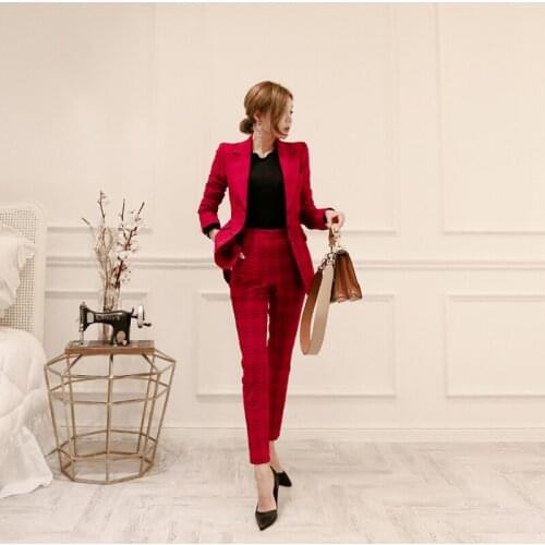 New Formal Women Work Wear Set Uniform Styles Elegant Plaid Pant Suits Two-piece red Suits Set Casual Office Business Suitspants