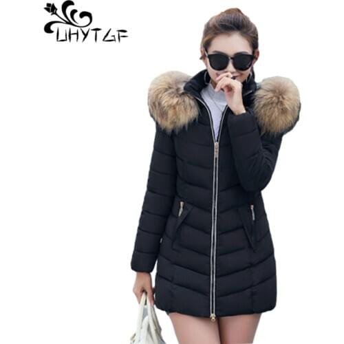 UHYTGF Faux Fur Collar Parka Winter Jacket Women Plus Size Coat Parkas Wear Down Jacket Outwear Hooded Cotton Long Coats 923