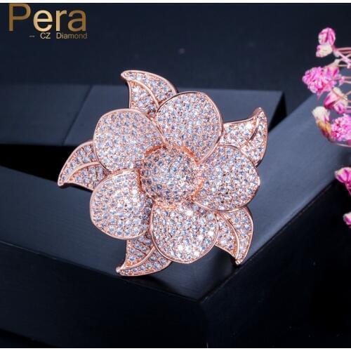Pera Romantic Big Flower Leaf Shape Full Sparkling Micro Pave Cubic Zirconia Finger Ring for Women Engagement Party Gift R098