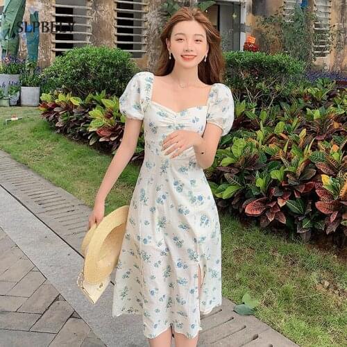 SLPBELY Vintage Floral Dress Women Elegant French Dress Puff Sleeve Square Collar Split Midi Dress Fall Party White Dresses 2021