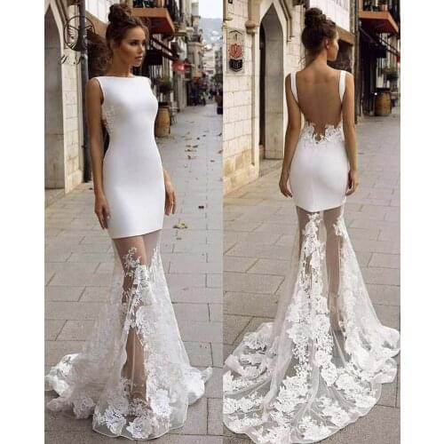 HL Simple but Elegant O Neck Appliqued Lace Sleeveless Sheer Back Sweep Train See Through Sheer Wedding Dresses