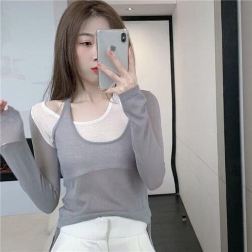 Hemp feeling clear sun hang shirt neck off two splicing thin section of pure desire all long sleeve blouse Sweet girl tops