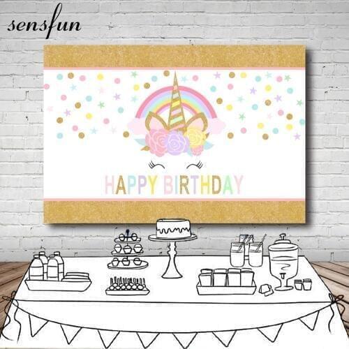 Sensfun Rainbow Flower Unicorn Birthday Party Backdrop Gold Glitter Colorful Little Dots Stars Photography Backgrounds 7x5FT