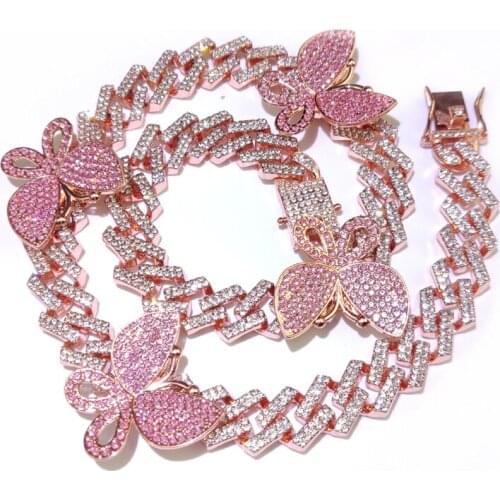 Hip Hop 15MM Bling Rhinestone Zircon Iced Out Crystal Cuban Prong Butterfly Chain Mens Necklaces For Men Women Jewelry