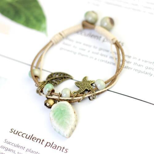 Ceramic Beaded Bracelet Vintage Hollow Leaf Starfish Pendants Bracelets For Women Men Jewelry Handmade Rope Knot Leaves Bangles