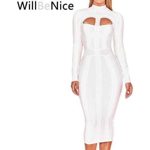 WillBeNice 2019 Women Bodycon Bandage Dress White Long Sleeve Hollow Out Club Dress Vestidos Celebrity Evening Party Dress Midi
