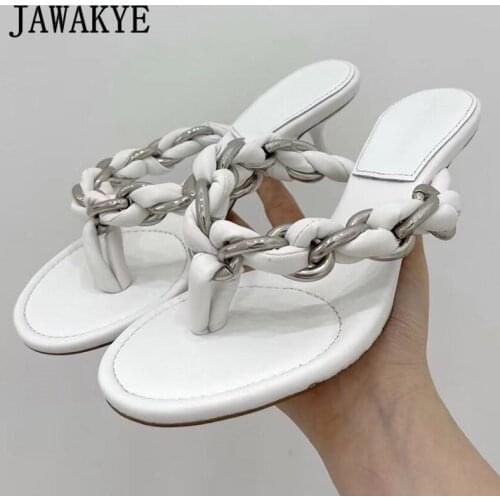 New Chain Flipflops Women Shoes Summer Runway Dress High Heel Mules Real Leather Kitten Heels Woman Slides Outdoor Street Style