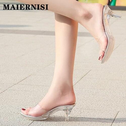 Crysta High Heels Slippers Womens Shoes 2021 Summer Platform Sexy Transparent Outside Slide Sexy Ladies Sandals Large Size 41